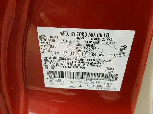 4M2CU81759KJ01896 - 2009 MERCURY MARINER RED photo 10