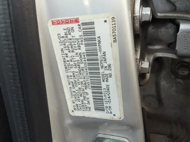 JTKKT624X40064449 - 2004 TOYOTA SCION XA ვერცხლისფერი ფოტო 10