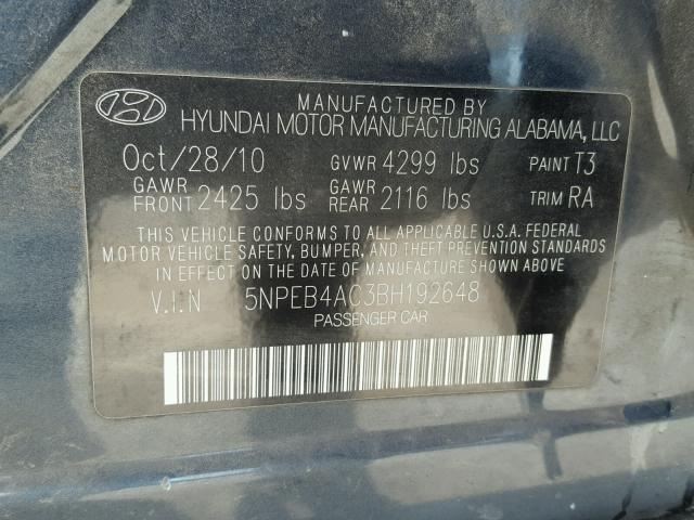 5NPEB4AC3BH192648 - 2011 HYUNDAI SONATA BLUE photo 10