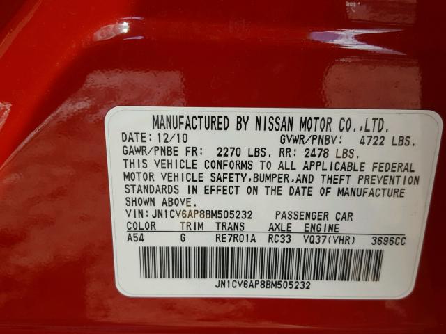 JN1CV6AP8BM505232 - 2011 INFINITI G37 BASE RED photo 10