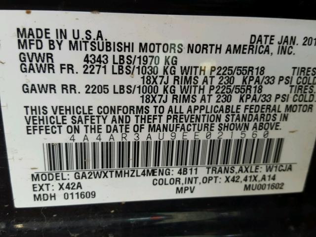 4A4AR3AU9EE021560 - 2014 MITSUBISHI OUTLANDER BLACK photo 10