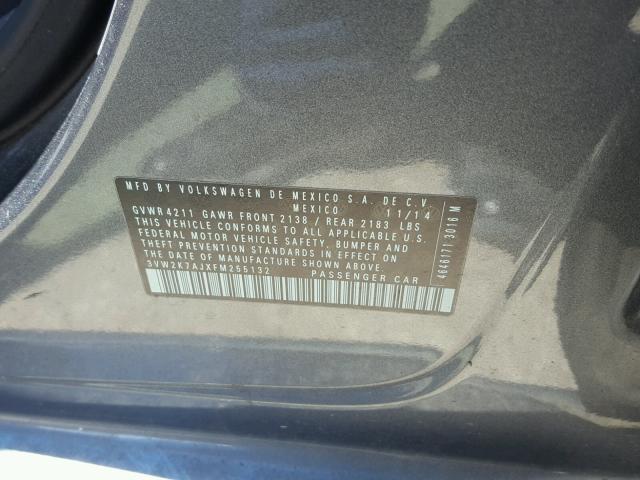 3VW2K7AJXFM255132 - 2015 VOLKSWAGEN JETTA BASE ნაცრისფერი ფოტო 10