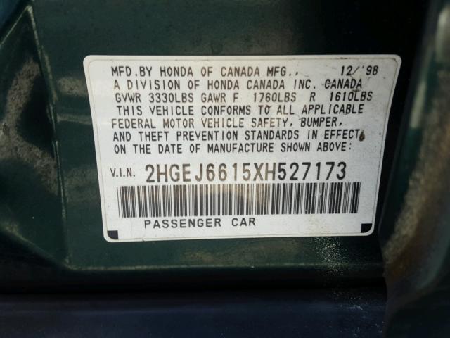 2HGEJ6615XH527173 - 1999 HONDA CIVIC BASE GREEN photo 10