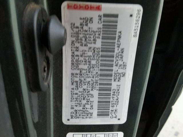 JTDBE32K120062665 - 2002 TOYOTA CAMRY LE მწვანე ფოტო 10