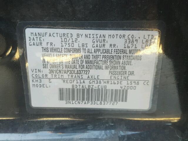 3N1CN7AP3DL837727 - 2013 NISSAN VERSA S BLACK photo 10