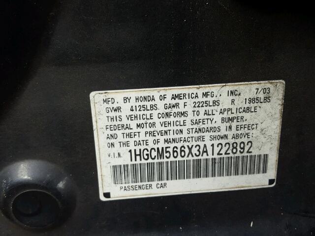 1HGCM566X3A122892 - 2003 HONDA ACCORD BLUE photo 10