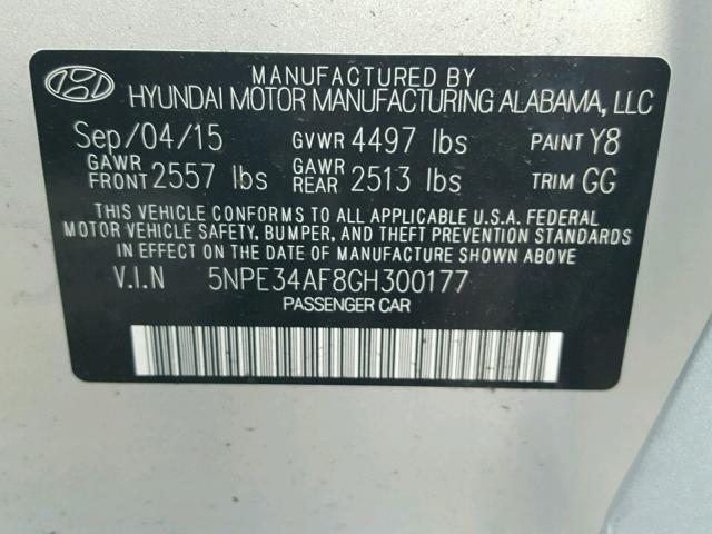 5NPE34AF8GH300177 - 2016 HYUNDAI SONATA SILVER photo 10