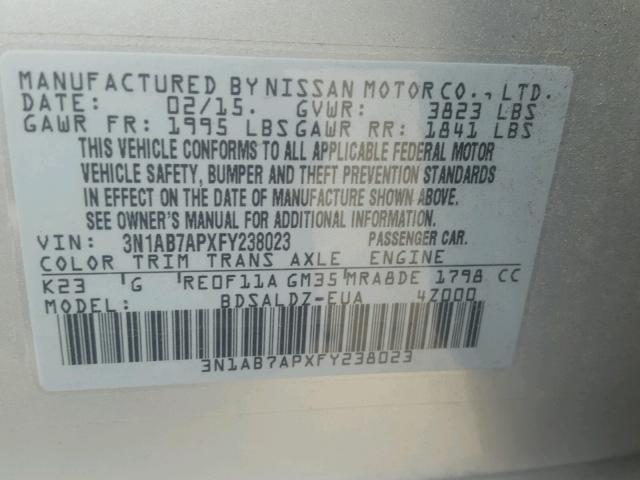 3N1AB7APXFY238023 - 2015 NISSAN SENTRA SILVER photo 10