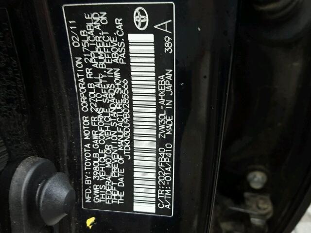 JTDKN3DU9B0285566 - 2011 TOYOTA PRIUS BLACK photo 10