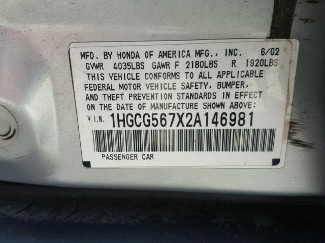 1HGCG567X2A146981 - 2002 HONDA ACCORD SE SILVER photo 10