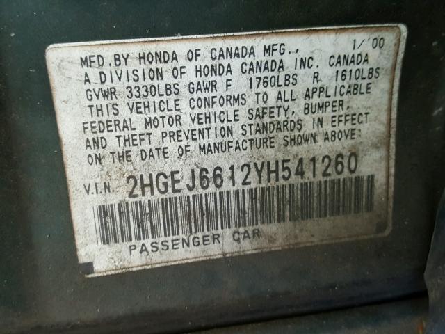 2HGEJ6612YH541260 - 2000 HONDA CIVIC BASE Yaşıl foto 10