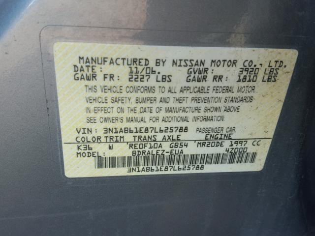 3N1AB61E87L625788 - 2007 NISSAN SENTRA 2.0 GRAY photo 10