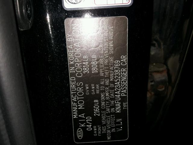 KNAFU4A23A5238769 - 2010 KIA FORTE EX BLACK photo 10