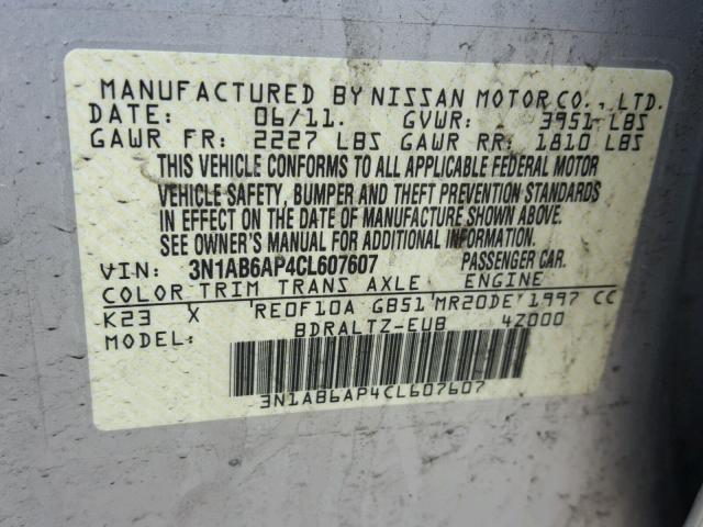 3N1AB6AP4CL607607 - 2012 NISSAN SENTRA 2.0 SILVER photo 10