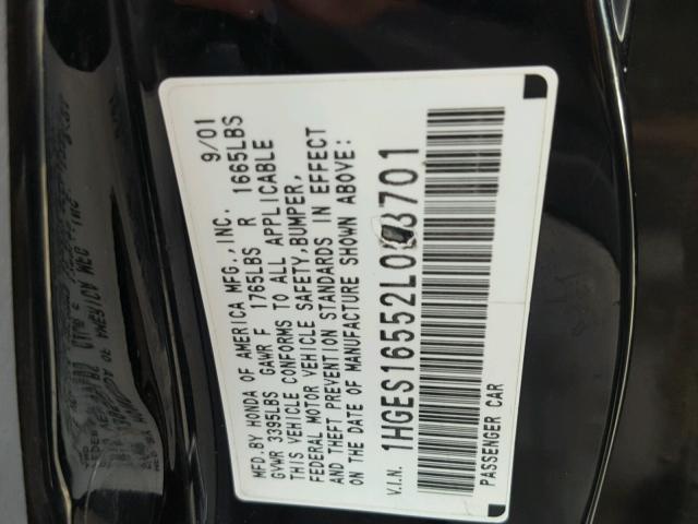 1HGES16552L003701 - 2002 HONDA CIVIC LX BLACK photo 10