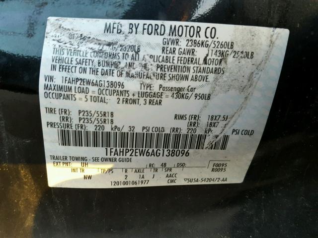 1FAHP2EW6AG138096 - 2010 FORD TAURUS SEL BLACK photo 10