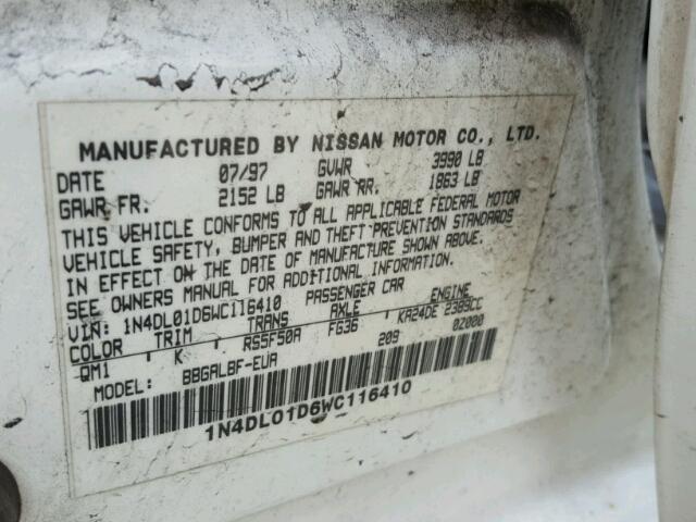 1N4DL01D6WC116410 - 1998 NISSAN ALTIMA XE WHITE photo 10