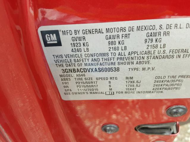 3GNBACDVXAS600538 - 2010 CHEVROLET HHR LT RED photo 10