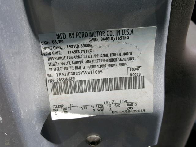 1FAHP3833YW411065 - 2000 FORD FOCUS ZTS SILVER photo 10