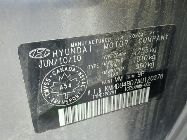 KMHDU4BD7AU120378 - 2010 HYUNDAI ELANTRA BL GRAY photo 10