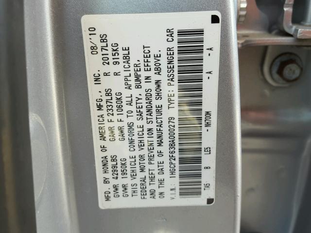 1HGCP2F63BA000279 - 2011 HONDA ACCORD SE SILVER photo 10