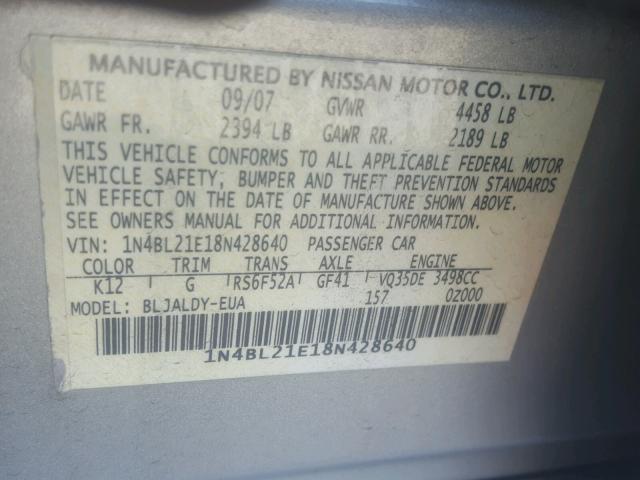 1N4BL21E18N428640 - 2008 NISSAN ALTIMA 3.5 SILVER photo 10