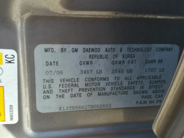 KL1TD56627B062662 - 2007 CHEVROLET AVEO BASE Сұр фото 10