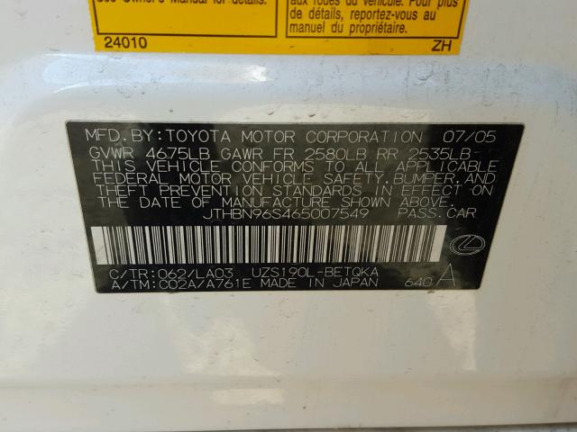 JTHBN96S465007549 - 2006 LEXUS GS GENERAT WHITE photo 10