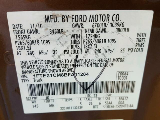 1FTEX1CM8BFA11284 - 2011 FORD F150 SUPER BROWN photo 10