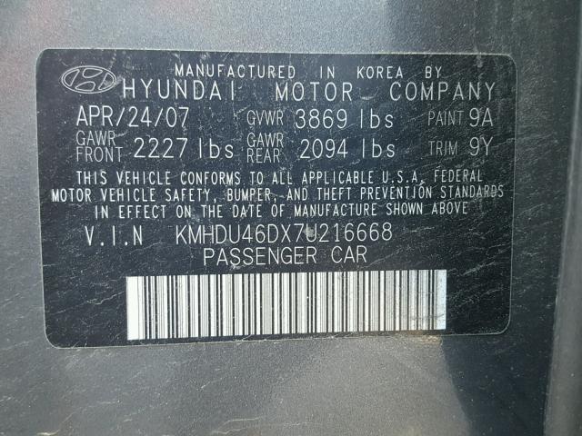 KMHDU46DX7U216668 - 2007 HYUNDAI ELANTRA GRAY photo 10