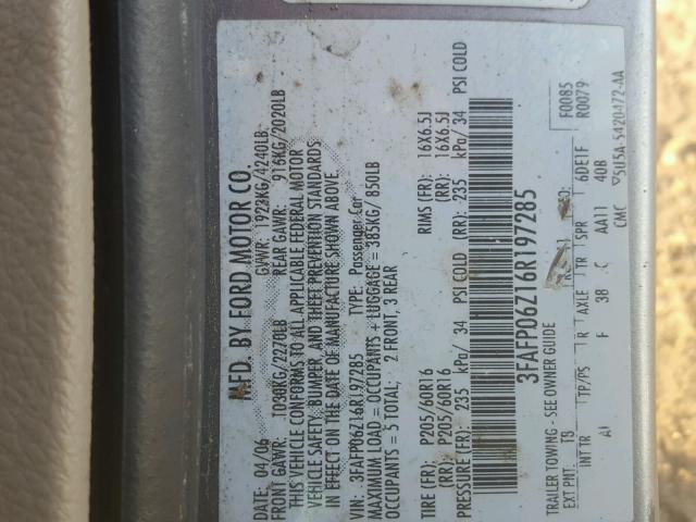 3FAFP06Z16R197285 - 2006 FORD FUSION S GRAY photo 10