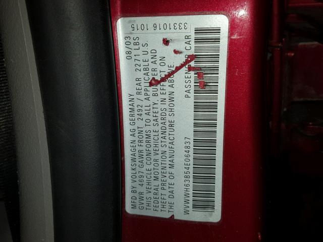 WVWWH63B54E064837 - 2004 VOLKSWAGEN PASSAT GLX წითელი ფოტო 10