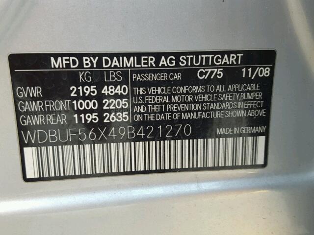 WDBUF56X49B421270 - 2009 MERCEDES-BENZ E 350 SILVER photo 10