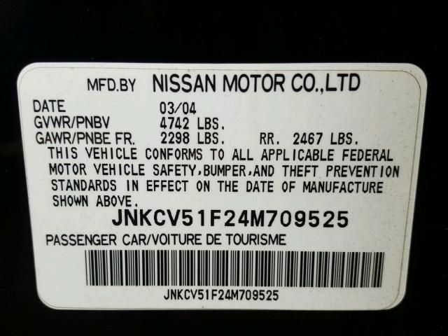 JNKCV51F24M709525 - 2004 INFINITI G35 BLACK photo 10