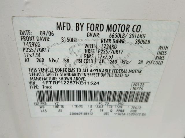 1FTRF12257KB11524 - 2007 FORD F150 Սպիտակ լուսանկար 10