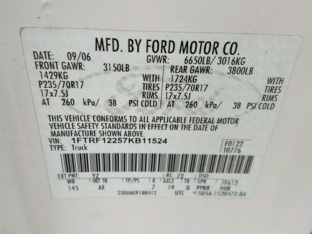 1FTRF12257KB11524 - 2007 FORD F150 WHITE photo 10