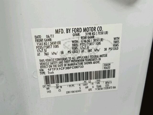 1FTFX1CF3BFC06733 - 2011 FORD F150 SUPER WHITE photo 10