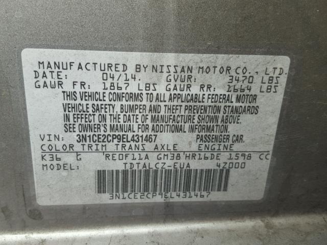 3N1CE2CP9EL431467 - 2014 NISSAN VERSA NOTE SILVER photo 10