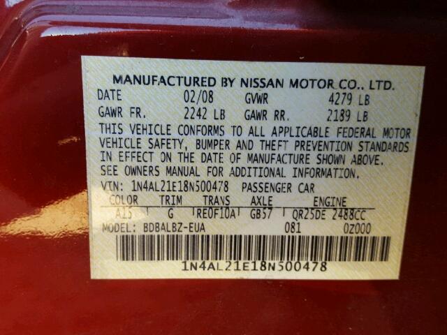 1N4AL21E18N500478 - 2008 NISSAN ALTIMA 2.5 RED photo 10