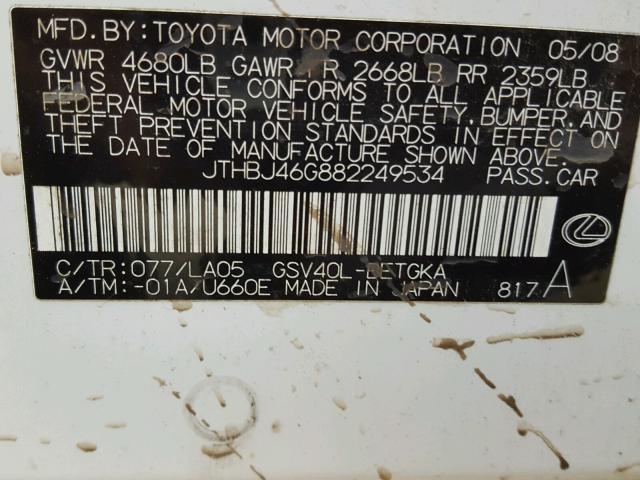 JTHBJ46G882249534 - 2008 LEXUS ES 350 WHITE photo 10