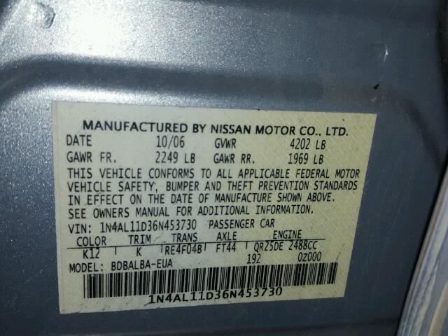 1N4AL11D36N453730 - 2006 NISSAN ALTIMA S SILVER photo 10