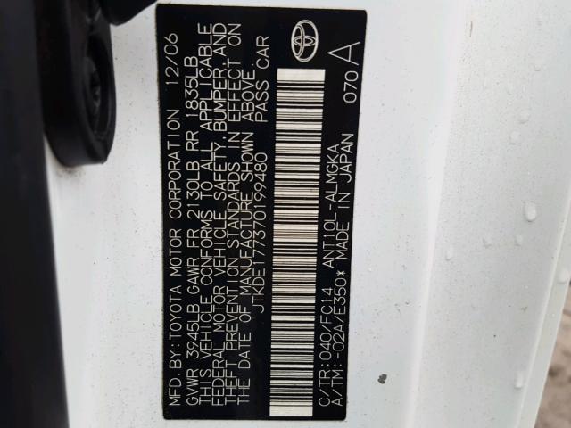 JTKDE177370199480 - 2007 TOYOTA SCION TC 白色 照片 10