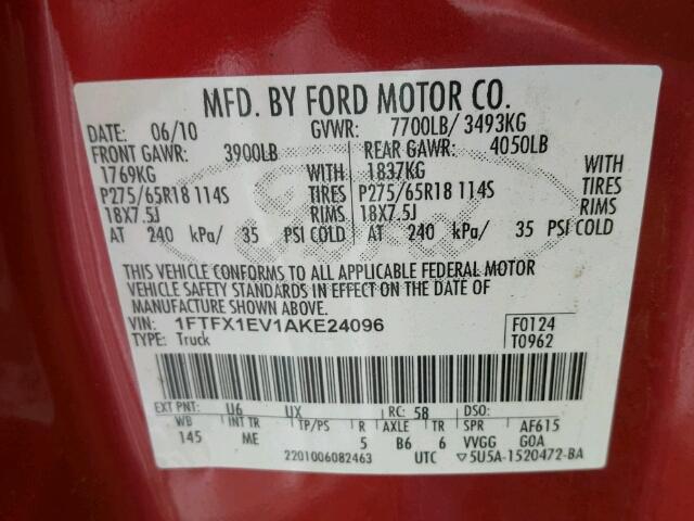 1FTFX1EV1AKE24096 - 2010 FORD F150 RED photo 10