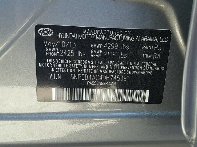 5NPEB4AC4DH745391 - 2013 HYUNDAI SONATA GLS GRAY photo 10