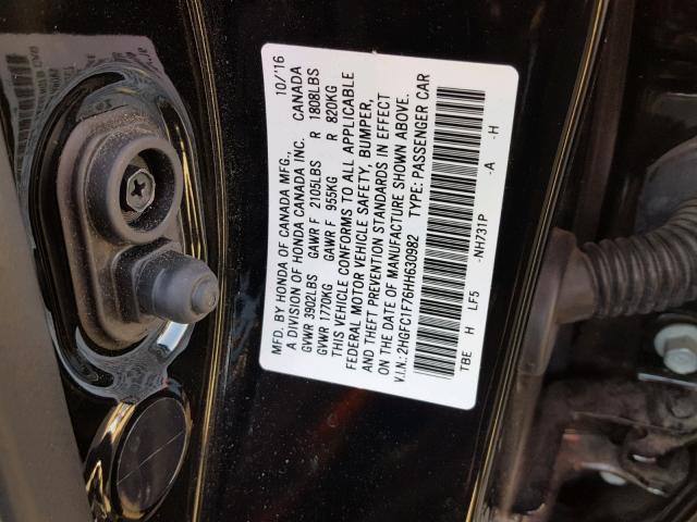 2HGFC1F76HH630982 - 2017 HONDA CIVIC EXL შავი ფოტო 10