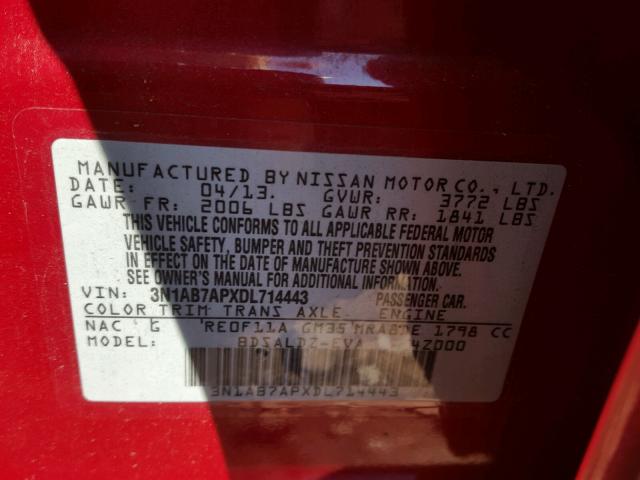 3N1AB7APXDL714443 - 2013 NISSAN SENTRA S RED photo 10