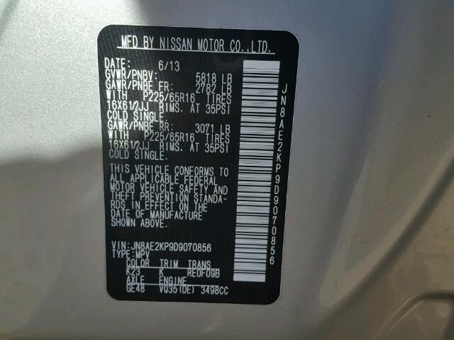 JN8AE2KP9D9070856 - 2013 NISSAN QUEST SILVER photo 10