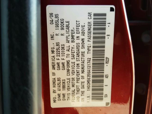 1HGCM56356A121742 - 2006 HONDA ACCORD SE RED photo 10