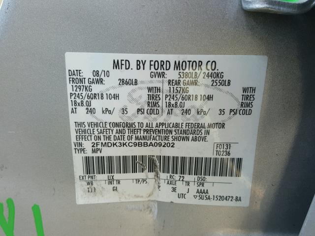 2FMDK3KC9BBA09202 - 2011 FORD EDGE LIMIT SILVER photo 10