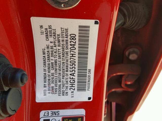 2HGFA55507H704280 - 2007 HONDA CIVIC SI RED photo 10